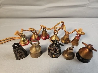 11 Vtg Etched Colored Brass Miniature Bells India Various Shapes Christmas NYE - Image 1 of 4