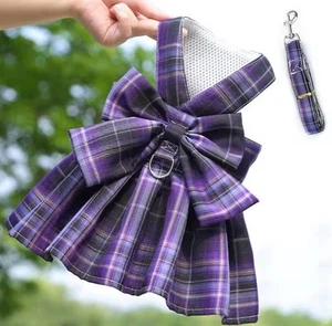 Purple Plaid Dog Harness Dress w/Leash Set Bowknot Adjustable for Small Pets NEW - Picture 1 of 2