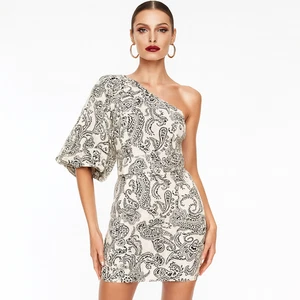 Shona Joy Dress AU 8 US4 Mini Beige Paisley Linen Belted Off Shoulder One Sleeve - Picture 1 of 6