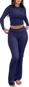 Women 2 Piece Outfits Lightweight Lounge Sets Long Sleeve Cropped Top Fold-Over  - Picture 1 of 8