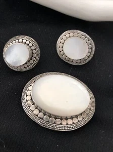 Vintage Sterling Silver and Mother of Pearl Brooch and Matching Earrings - Picture 1 of 5