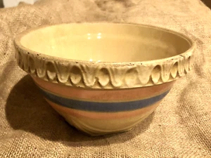 Antique American Pottery Yelloware McCoy Batter Bowl YELLOW WARE Pink Blue Band - Picture 1 of 9