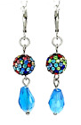 Multicolored Rainbow Pave Crystals & Blue Glass Beads Dangle Leverback Earrings