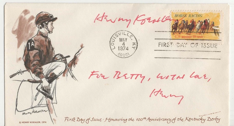 Kentucky Derby Jockey, cachet FDC 1974, Henry Koehler Artist autograph signed - Image 1 of 1