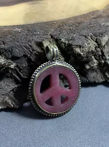 Tibetan Pink Jade Stone Peace Sign Pendant Metal Repousse - Picture 1 of 3
