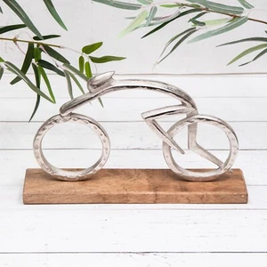 Silver Hammered Metal Cyclist Sculpture HaRacing Bike Wooden Base Modern Sports - Picture 1 of 4