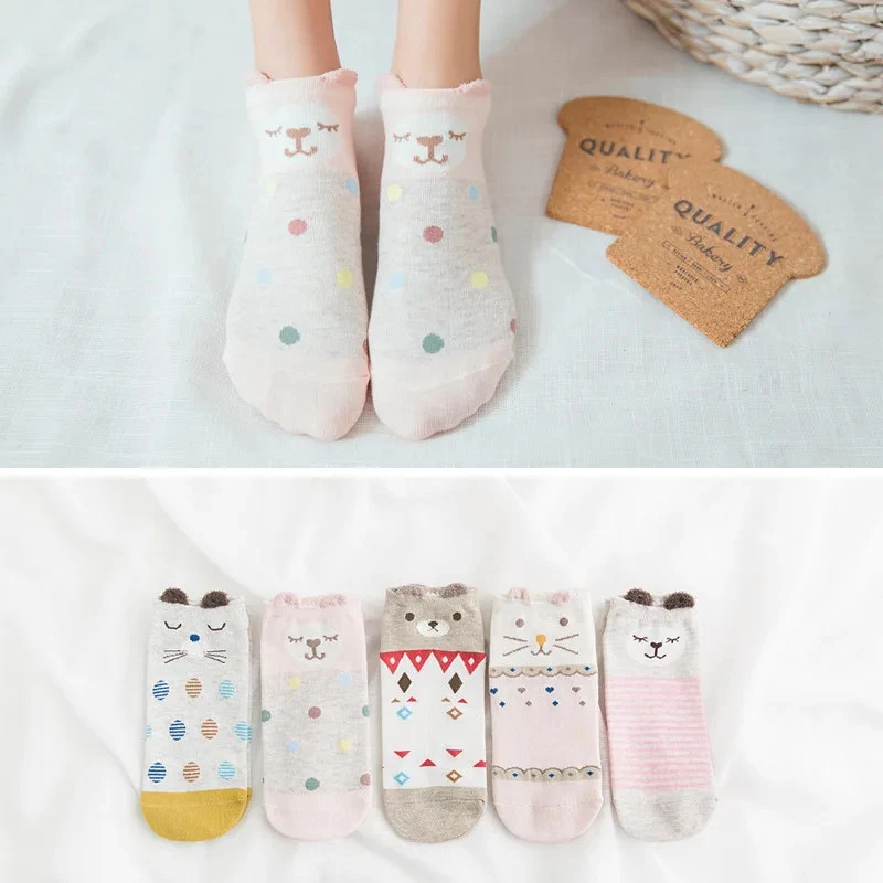 5 pares de calcetines tobilleros de algodón rosa gato animal oreja corazón lindo calcetín corto para mujer Foto 1 de 4