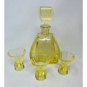 Josef Riedel Art Deco 1930 Amarillo Grabado Juego de Barra decantador Vidrio Bohemio Checo - Imagen 1 de 16
