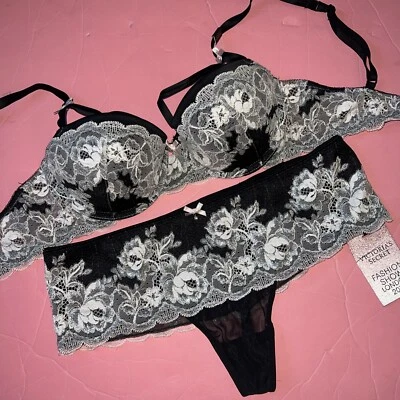 Victoria's Secret 32D бюстгальтер комплект M стринги черный серебряный белый соблазнение модный показ - Изображение 1 из 4