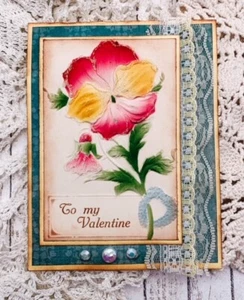 Cartolina d'epoca fatta a mano TO MY VALENTINE riciclata floreale e biglietto di auguri in pizzo - Foto 1 di 1