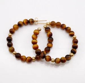 14K Yellow Gold 4mm Multi Tiger's Eye Bead Hoop Earrings LMG2 - Picture 1 of 3