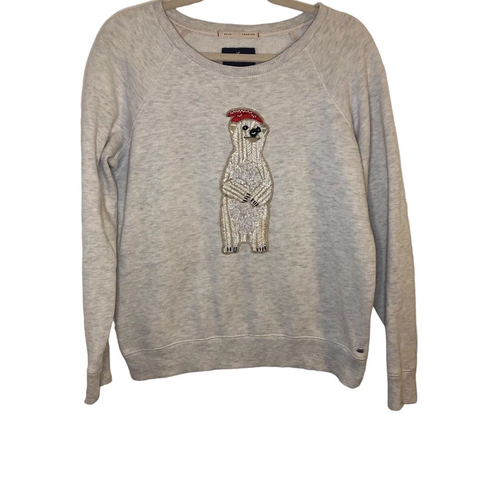 American Eagle Womens L Embroidered Sweatshirt Polar Bear Beaded Neutral Novelty - Image 1 of 4