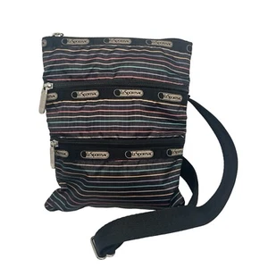 Le Sportsac Kasey Crossbody Bag Purse Striped Zip Adjustable Strap Black - Picture 1 of 6