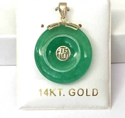 Solid 14K Yellow Gold  Chinese "Good Fortune" Character  Green Jade Pendants NEW - Image 1 of 4