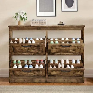 Farmhouse Shoe Cabinet w/ 4 Flip Drawers Entryway Hallway Shoe Storage Organizer - Picture 1 of 9