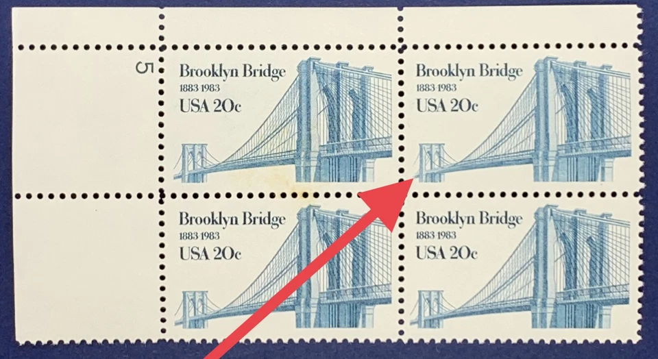 ERROR 1983 US STAMPS BLOCK BROOKLYN BRIDGE UNFINISHED BRIDGE MNH OG - Image 1 of 4