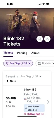 2 Blink 182 concert tickets June 30th 7pm Petco Park Section 119 Row 40 20-21 - Image 1 of 2