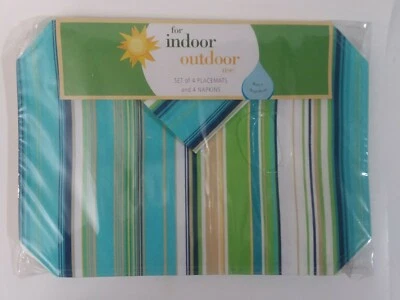 Set of (4) Striped Placemats + (4) Napkins INDOOR/OUTDOOR Water Resistant Aqua - Image 1 of 4