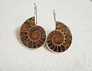 Natural Ammonite Fossil Dangle 925 Sterling Silver Earring / Anniversary Gift  - Picture 1 of 3