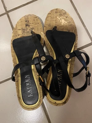 Ralph Lauren Mujer Talla 9 Negro Tanga Sandalia Zapato Hebilla Foto 1 de 3