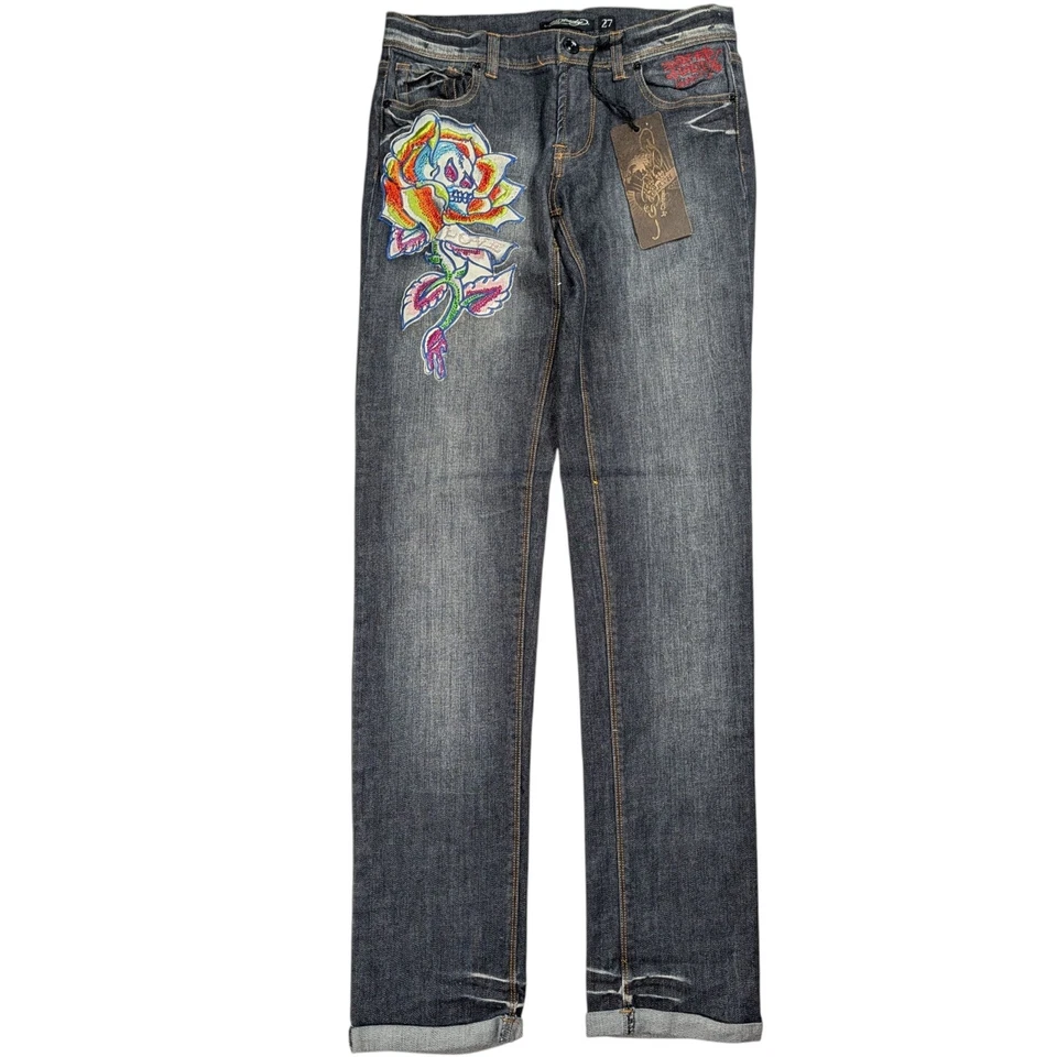 NEW Ed Hardy Straight Jeans Women 27 (31x34) Skull Rose Embroidered Applique Y2K - Image 1 of 4