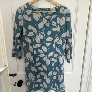 Lily & Me Blue Linen Blend Shift Dress Holiday UK 12 3/4 Sleeves Blue Leaf Print - Picture 1 of 10
