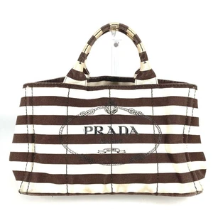 PRADA Canapa logo border Bag Tote Bag Hand Bag Canvas Brown/White - Picture 1 of 17