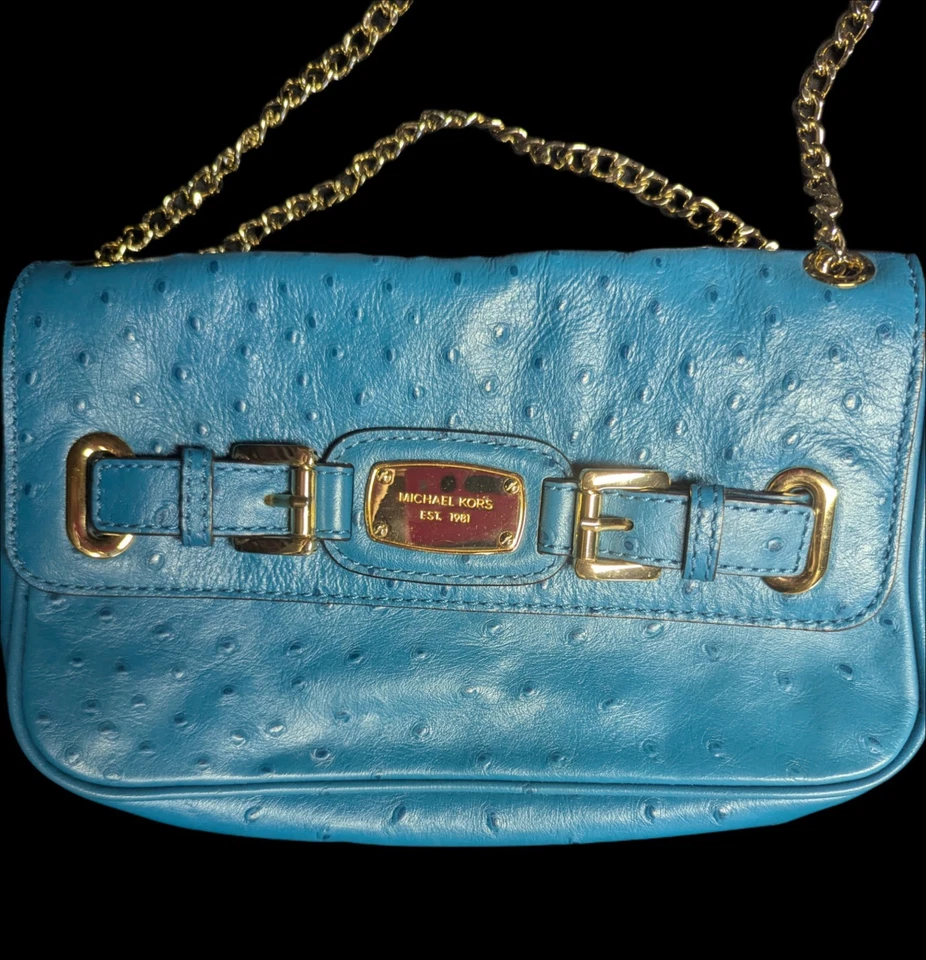 Cartera Bolso de Hombro Michael Kors Azul Avestruz Cuero Repujado Pequeño Bolso de Mano  Foto 1 de 4