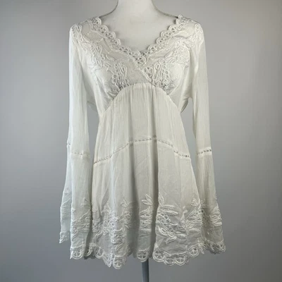 Boston Proper 白色波西米亚刺绣束腰上衣 S 码棉质长袖 — 第 1/4 张图片