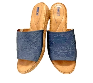 Born Fishlake F64304 Damen Größe 11 M Pantoletten Sandalen blau Leder Blumenmuster Komfort - Bild 1 von 13