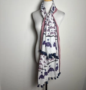 Loft Sheer Cotton Long Scarf Tassel Boho Indie Cottage Ivory Blue Pink 28X72 - Picture 1 of 5