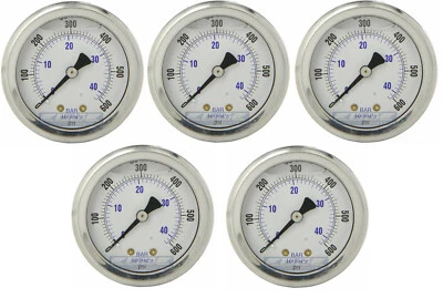 5 PACK LIQUID FILLED PRESSURE GAUGE 0-600 PSI, 2" FACE, 1/4" BACK MOUNT - Image 1 of 3