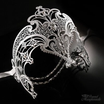 Womens Egyptian Chain Venetian Laser-Cut Filigree Metal Masquerade Mask [White] - Image 1 of 4