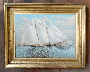 Antique European Oil Painting of Sailing Schooner Ships Lemon Gold Frame - Picture 1 of 15
