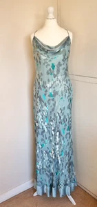 Vintage Monsoon Devore Silk Evening Dress Blue Cowl Neck Bias Cut Long Maxi UK16 - Picture 1 of 10