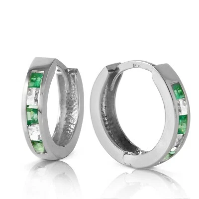 1.26 Carat 14K Solid White Gold Hoop Earrings Natural Emerald Topaz - Image 1 of 4