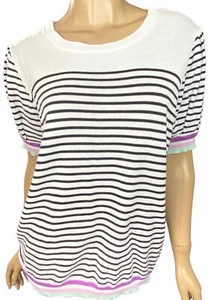 Joseph A Sz PXL Pullover Top Black & White Stripe Cotton/Rayon Purple/Green Trim - Picture 1 of 5