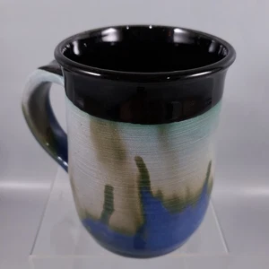 SIGNED BROUGHT Hand Thrown Blue Green Black Drip Glaze STUDIO ART POTTERY MUG - Picture 1 of 11