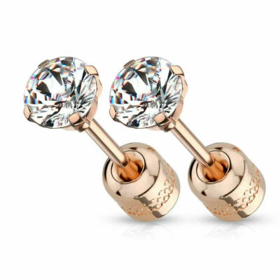 Rose Gold Prong Set CZ Stud Earrings Gem Centered Screw Back Surgical Steel  - Image 1 of 4
