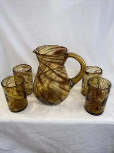 Vintage MCM Large Hand Blown Amber w/Brown Swirl Glass Pitcher & Glass Set Of 4 - Picture 1 of 5