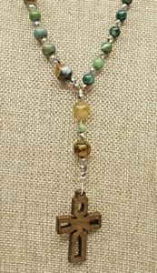 A12) Pretty Gemstone Rosary with Wooden Cross - Picture 1 of 5