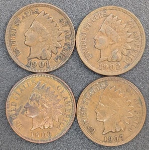 1901 1902 1903 1907 High Grade Full Liberty U.S. 1C Indian Head Cents Nice Coins - Picture 1 of 2