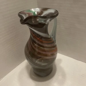 Vtg Handblown 8.25"Swirl Glass Pitcher Vase Multi Color Purple Swirls W/green - Bild 1 von 7