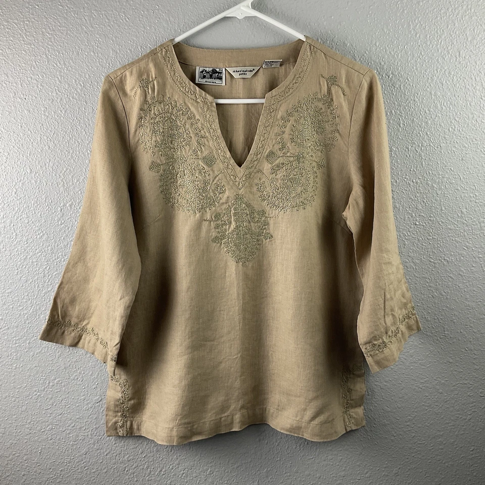 Top túnica Richard Malcolm 100 % lino irlandés bronceado bordado cuello en V boho pequeña L Foto 1 de 4