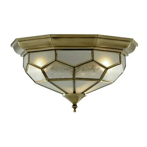 2 Light Antique Brass Finish Flush Fitting Ceiling Light Acid Glass Panels Shade - Picture 1 of 4