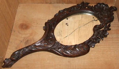 Face à main Miroir biseauté & de forme spécial bois sculpté Forêt Noire - Photo 1/4