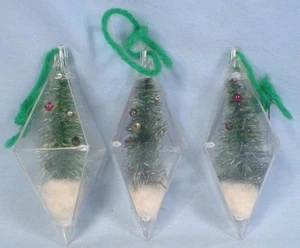 3 Jewelbrite Christmas Ornaments Bottle Brush Trees Hard Plastic Diorama #136 - Picture 1 of 6