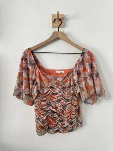June & Hudson Orange Coral Rouched Floral Medium Blouse Tropical - Picture 1 of 5