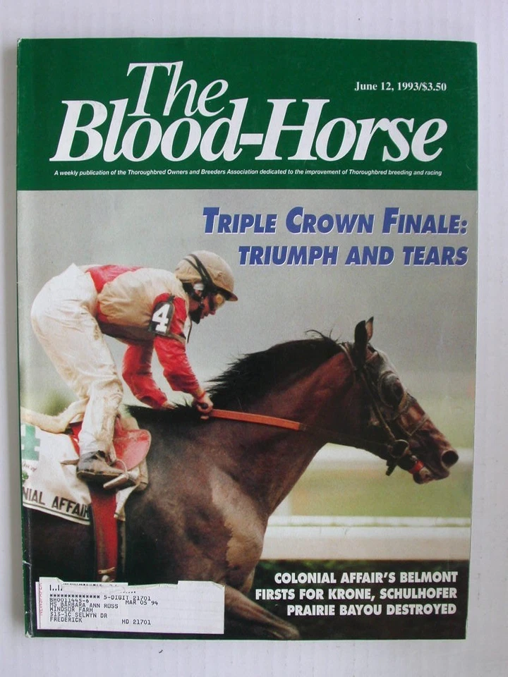 Blood Horse Belmont Colonial Affair 1993 revista corona mujer jockey primer clásico Foto 1 de 1