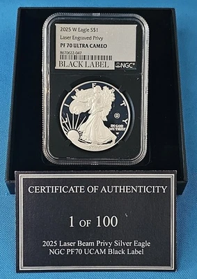 2025-W $1 SILVER EAGLE LASER BEAM PRIVY PF70 EXCLUSIVE 1 OF 100 (IN HAND) - Image 1 of 4